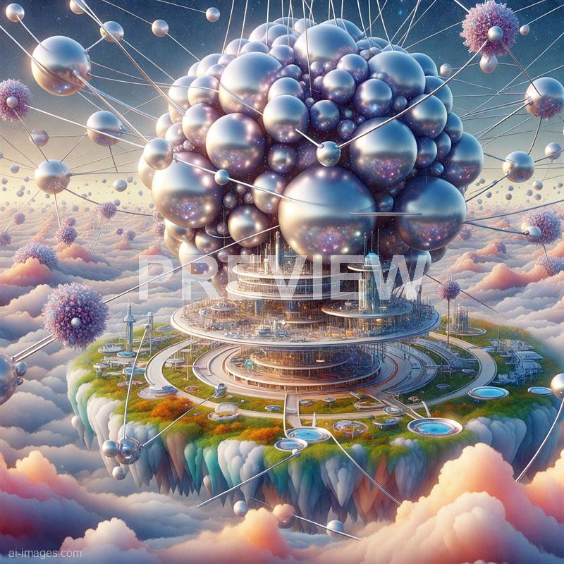 This image depicts a surreal, futuristic floating city built on a platform high above the clouds, with a massive, complex structure at its center composed of numerous interconnected rings and metallic elements. Above the city, a large, cloud-like formation made of shiny, reflective spheres is connected by lines to smaller spherical objects, resembling a network or molecular structure in a fantastical, science-fiction style. The scene is vibrant with a pastel-colored sky, adding a dreamlike atmosphere to the imaginative landscape.